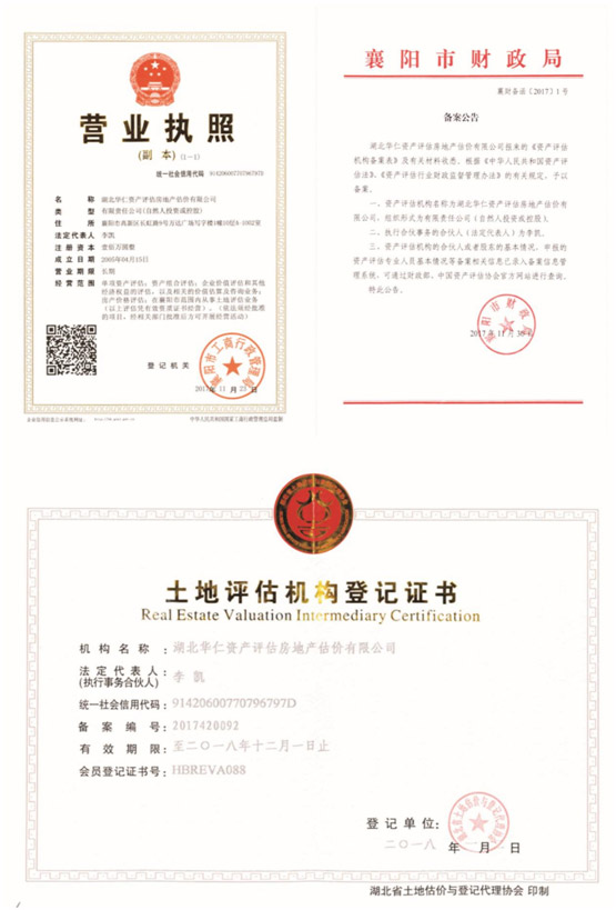 華仁資產(chǎn)評估房地產(chǎn)估價有限公司營業(yè)執(zhí)照、資產(chǎn)評估備案公告、土地評估機構登記證書.jpg